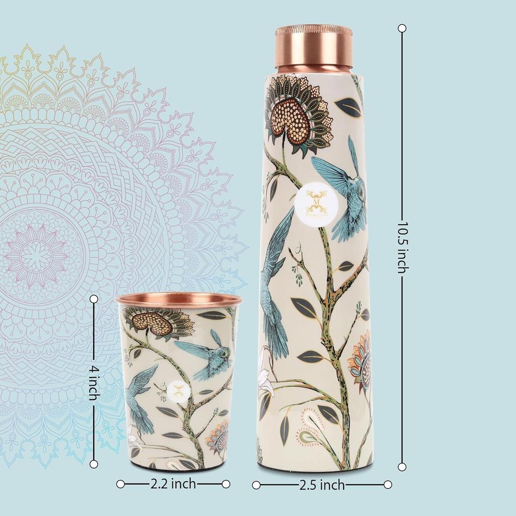 Pure Copper Water Bottle 900 Ml with Glass Set Best Tamba In Printed Design (900 Ml 2x 300 Ml)