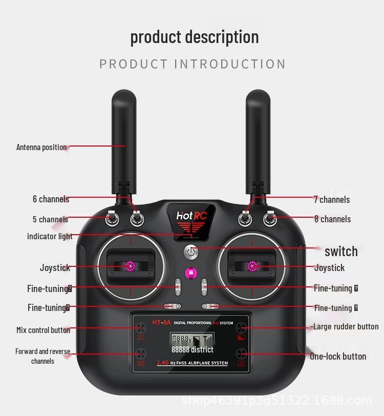 HT-8A 2.4G 8-Channel Remote Control for RC Cars, Airplanes & Drones
