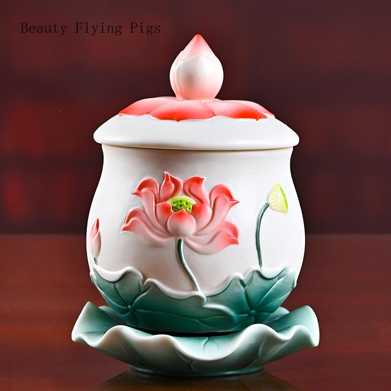 Creative Ceramic Relief Lotus Holy Water Cup Buddha In Front of Guanyin Buddha Set for Buddha Cup Decoration Feng Shui