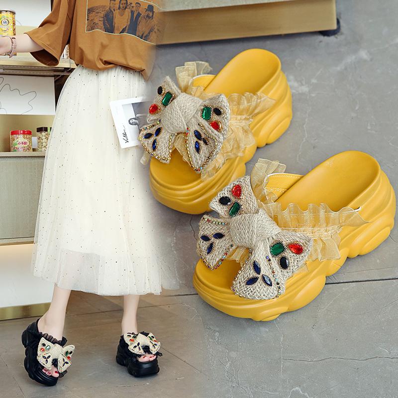 Fashion Shoes Woman 2025 Slippers Summer On A Wedge Pantofle Platform Butterfly-Knot Luxury Slides New Designer Fashion Butterfly-knot