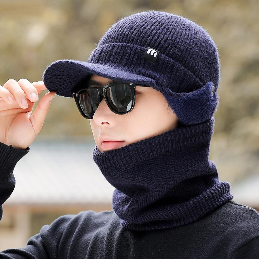 Men's Winter Big Head Circumference Elastic Thick Knitted Hat Scarf Two-Piece Set for Middle-Aged and Elderly Grandpa Hat