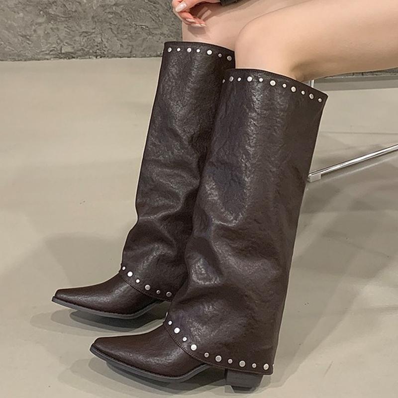 Eilyken Fashion Design Rivet Splicing Woman Knee-High Boots Autumn Winter Pointed Toe Square Heels Party Female Shoes