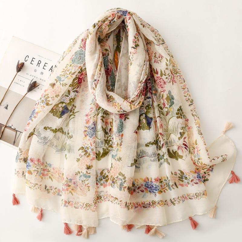 Four Seasons Available Luxury Women Viscose Scarf Designer Shawl Cotton Linen Feeling Tassel Pashmina Muslim Hijab Wrap Floral