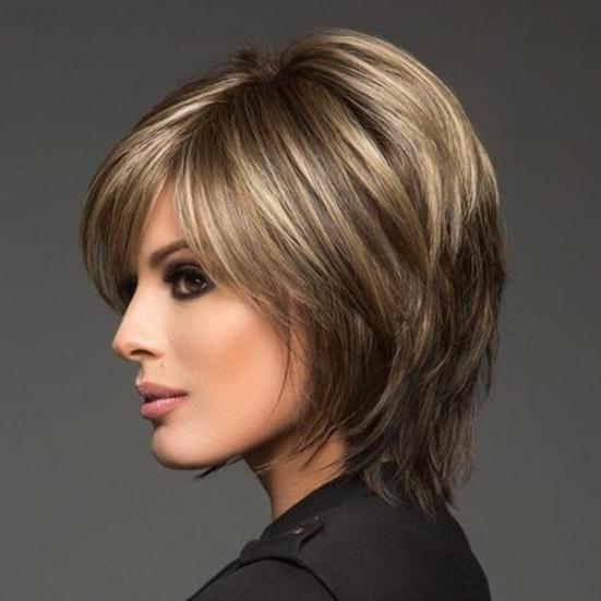 Women Short Straight Wig Wispy Bangs Natural Heat Resistant High Temperature Fiber Ladies Highlights Bobo Synthetic Hair