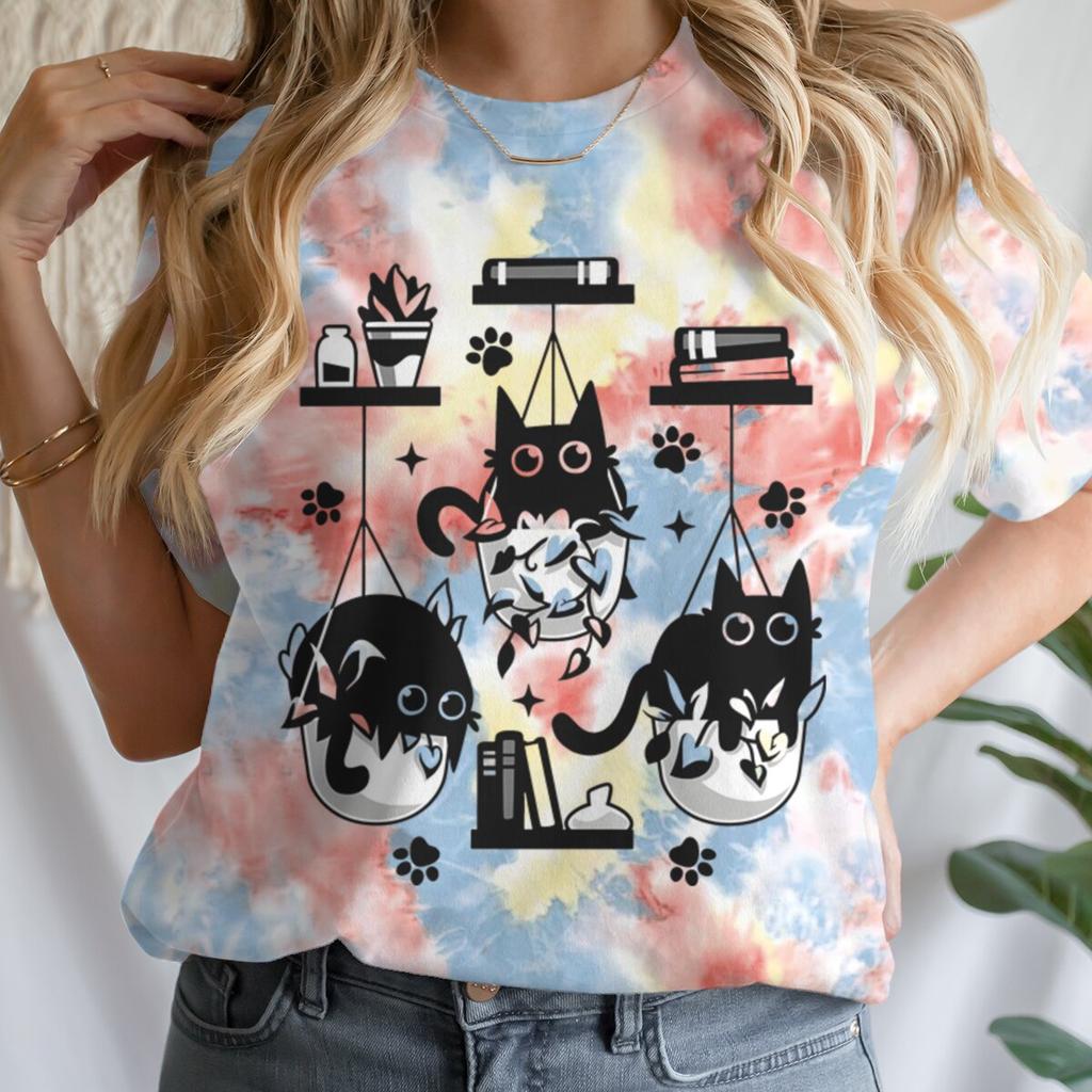 Women T-shirts New Ladies Casual Female Clothes Tops Black Cat Books Print Ladies Tees Tshirt Cartoon Graphic T-Shirt Clothing