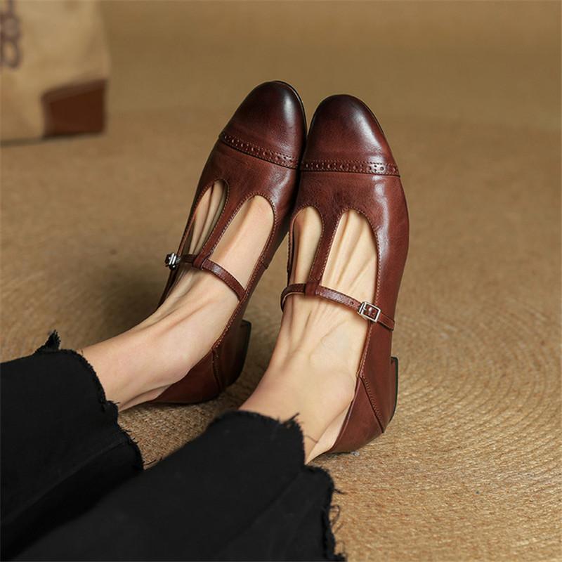 Fashion New Spring/summer Genuine Leather Woman Shoes Round Toe Women Pumps Shoes for Women Fashion Brogue Designs Mary Jane Shoes