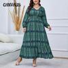 Plus Size Women's Autumn Loose Vintage High Waisted Printed Stripe Temperament Commuter Literary Dress