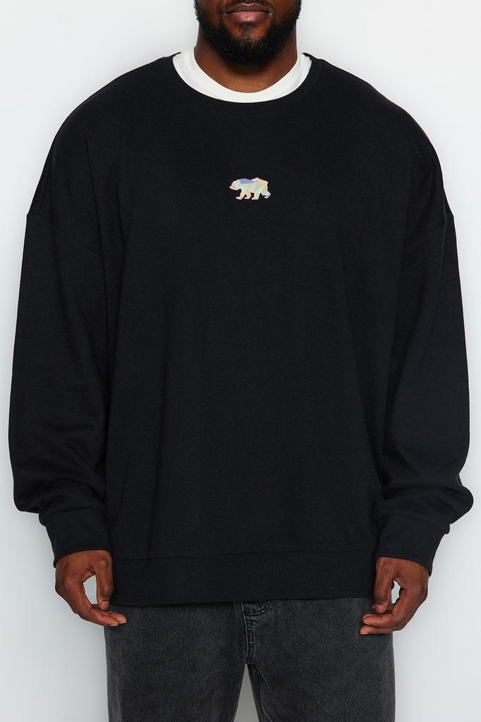 Men's Fashion New Plus Big Size Sweatshirt Black Big Size Oversize Wide Cut Embroidered Cotton Sweatshirt with Fleece Inside