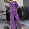 2 Pcs/Set Women Spring Top Pants Set Plaid Print Three-quarter Sleeves Round Neck Split Back T-shirt