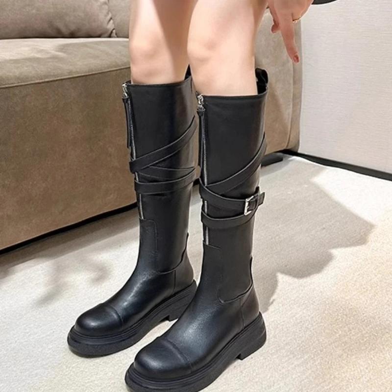2024 Hot Sale Ladies Shoes Zipper and Buckle Knee-High Women's Boots Autumn Solid Low Heels Korean Version Fashion High Boots