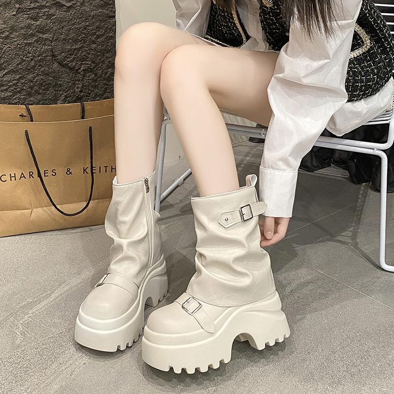 Fashion Women Leather Boots New Winter Motorcycle Boots 9.5CM Wedge Heels High Platform Chunky Shoes Woman Autumn Thick Sole Punk Boots