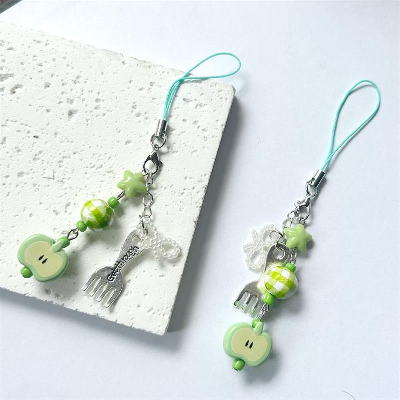 Cute Sweet Green Apple Star Bow Beads Keychain Pendant Mobile Phone Strap Lanyard Backpack Charm Bag Hanging Ornament Girly Gift
