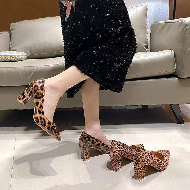 Fashion Autumn Sexy Leopard Women High Heels Elegant Office Pumps Woman Pointed Toe Thick Heel Singles Shoes Plus Size 42
