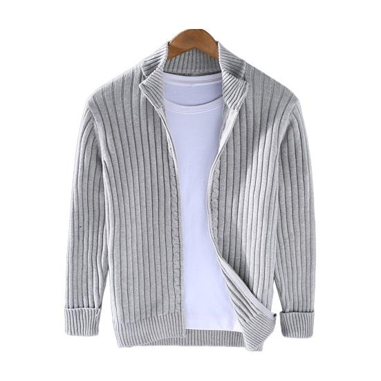 Fall Winter Men Coat Zipper Closure Knitted Cardigan Stand Collar Long Sleeves Solid
