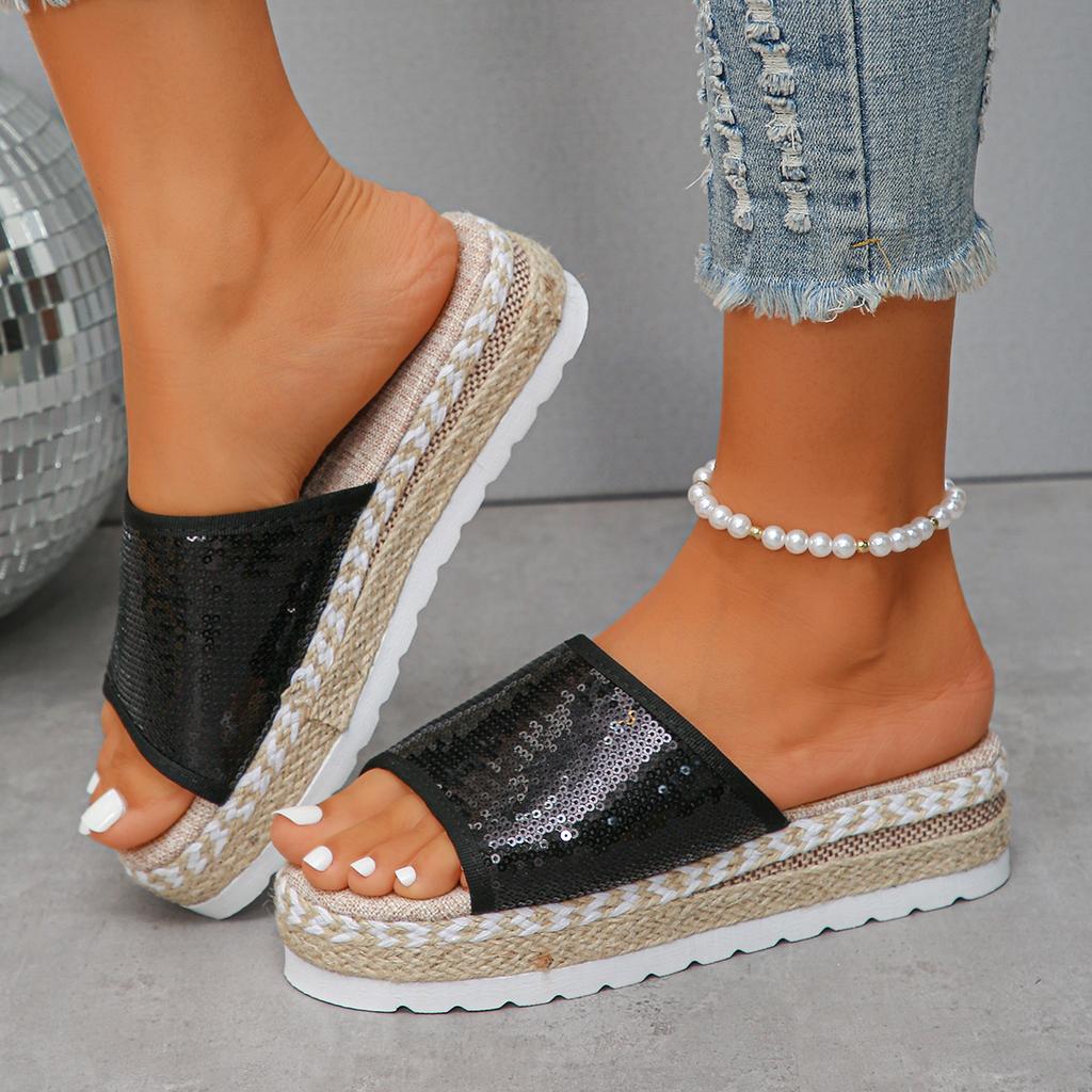 2025 Summer New Linen Thick Bottom Wedge Heel Sequins European and American Bohemian Fish Mouth One-word Drag Large Size 36-43