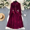 Autumn Women Vintage Solid Velvet Party Dresses Fashion Ladies Runway Mid-calf Dress