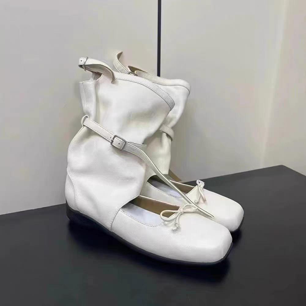 Temperament Casual Fashion Single Boots for Women, Height Increased by 5cm~ Stylish Square Round Head Bow Light Mouth Mary Jane Medium Boots