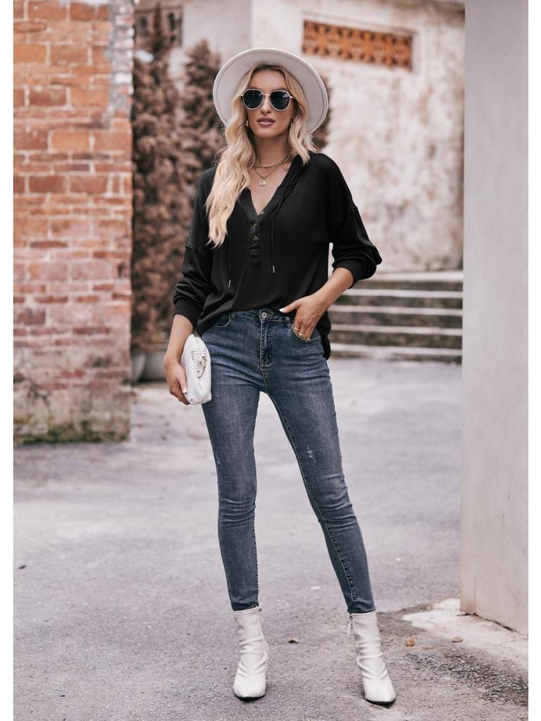 2024 New Autumn Winter Hooded Sweatshirts Women Fashion Buttons V-neck Long Sleeve Pullovers Ladies Casual Loose Hoodies