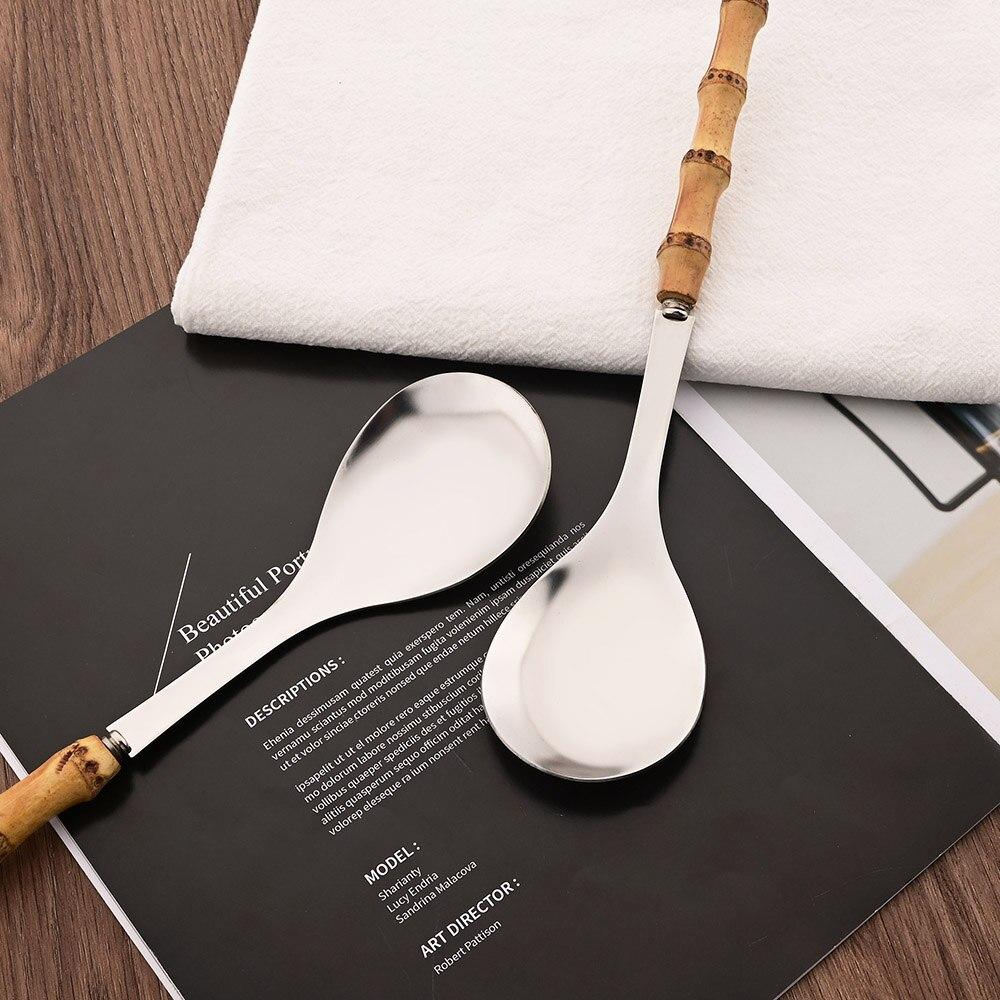 2Pcs Serving Utensils Cutlery 304 Stainless Steel Big Fork and Spoon with Natural Bamboo Handle Food Serving Salad Spork Server Spoon Tableware Set