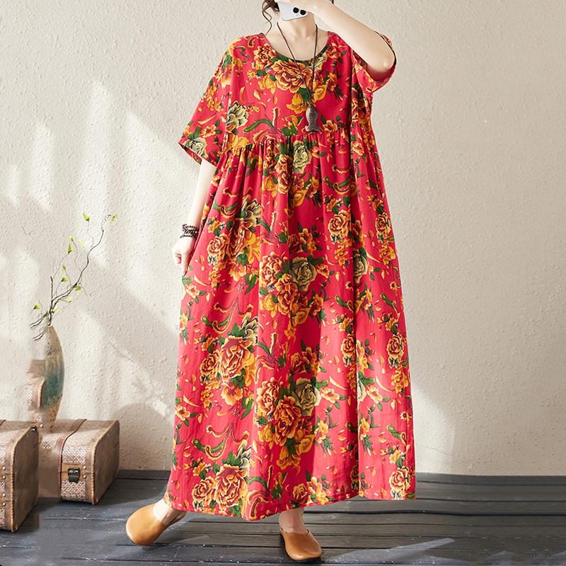 Short Sleeve Plus Size Cotton Vintage Floral New In Dresses for Women Casual Loose Long Summer