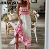 Summer Lace-up Print Sweet Elastic Bohemian Dress