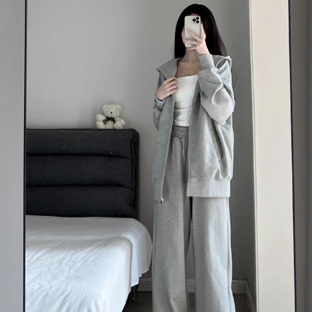 Gray Casual Sportswear Set: Women's Plus Size Autumn/Winter Korean-Style Sweatshirt & Sweatpants, 2-Piece