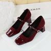 Women's Shoes with Thick Heel, Mid Heel, Shallow Mouth Splicing, Square Toe, Straight Line with Rhinestone Buckle, Single Shoe, Mary Jane Shoes
