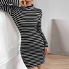 European and American Style Spring Black and White Striped Backless Slim Fit Long Sleeved Half High Neck Autumn New Style Buttocks Wrapped Skirt