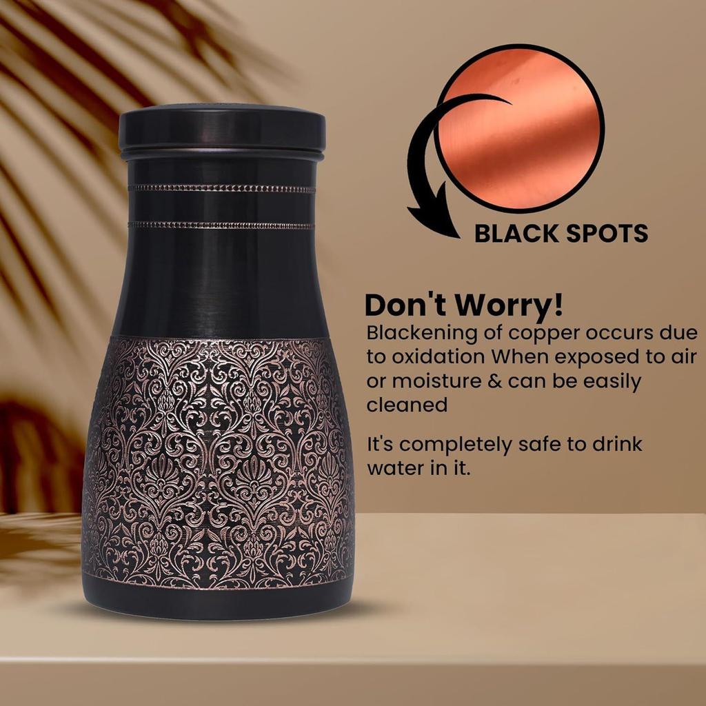 Copper Ayurvedic Water Bottle/Jar With In Build Glass Black Antique Glossy Finish Suitable For Home In Dining And Room. - 1000 Ml (Black Antique)
