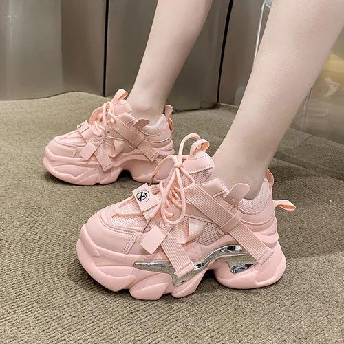 Fashion Brand 2024 Breathable Mesh Sneakers Sport Shoes Woman Wedge Casual Chunky Shoes High Platform Shoes 7CM