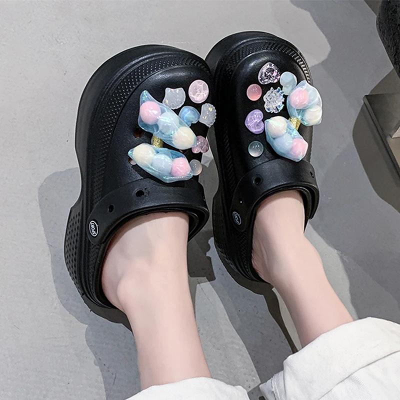 Fashion Colorful Bowknot Chunky Platform Garden Shoes Women Hollow Out Thick Bottom Clogs Sandals Woman Non Slip Summer Beach Slippers