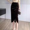 Women Midi Skirt High Waist Irregular Front Slit Design Golden Velvet Skirt Solid Color Design Leg-shaping Skirt
