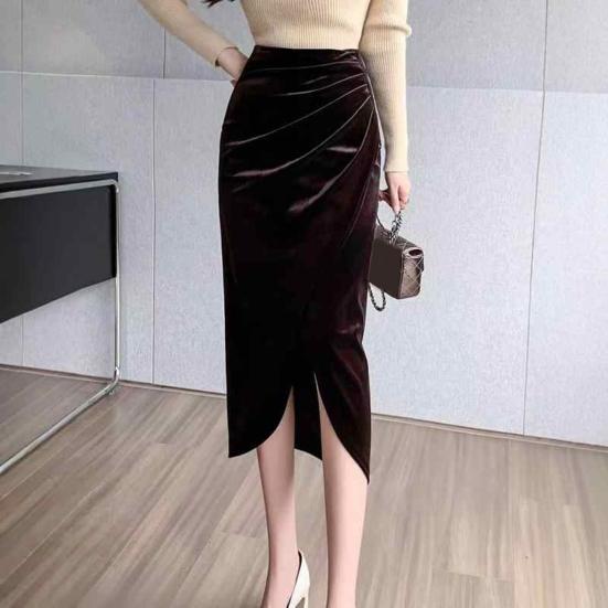 Women Midi Skirt High Waist Irregular Front Slit Design Golden Velvet Skirt Solid Color Design Leg-shaping Skirt