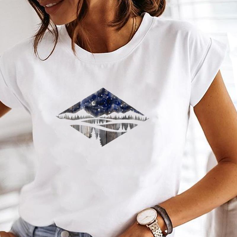 (Asian Size) Women Lovely Watercolor Tree Trend Print Lady Tee Top Clothing Casual Short Sleeve Fashion Tshirt Female Graphic T-shirt