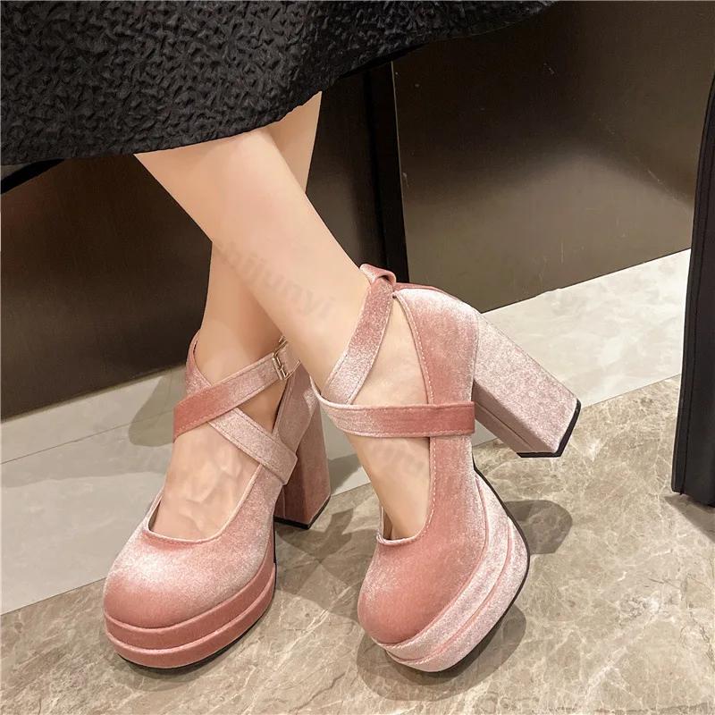 Fashion Hot Selling Mary Janes Shoes Women Suede Luxury High Heel Lace Up Trend Lolita Shoes Elegant Chunky Party Pumps Zapatos De Mujer