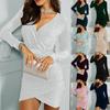 Women's Solid Color Long-sleeved Cross V-neck Sexy Bag Hip Slim Shiny Evening  Knee-length Dress