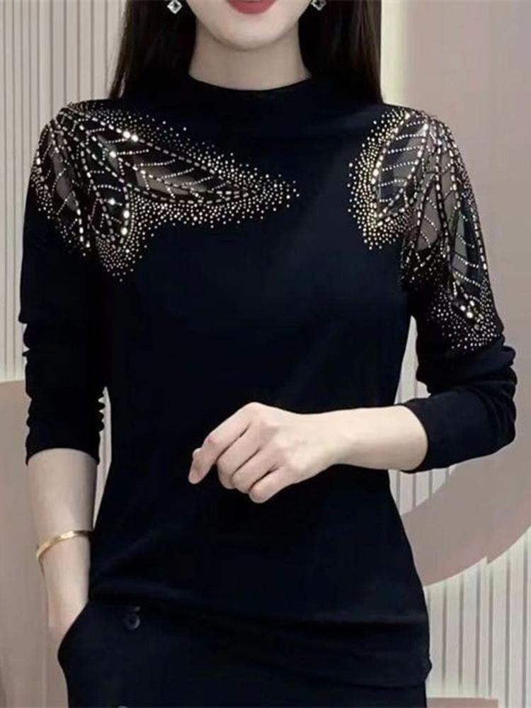 Women's Plush Lace and Hot Diamond Slim T-Shirt with Half-High Collar for Autumn/Winter 2024