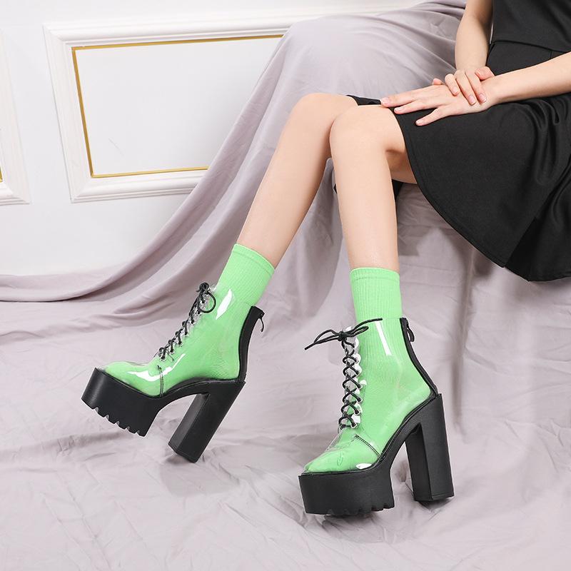 14CM Spring New Women Boots Round Head Waterproof Platform Transparent Lace Up Thick High Heels Nightclub Ankle Boots PU