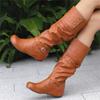 Fashion Women's White PU Leather Knee High Boots Pleated Tall Design Internal Height Buckle Long Footwear for Autumn Winter Size 34-50