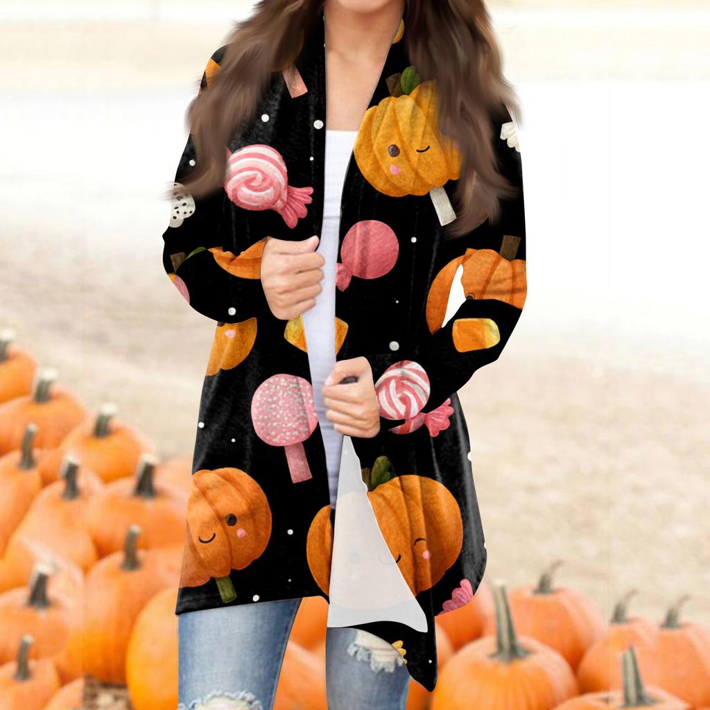 Women's Fashion Casual Halloween Printed Mid-Length Irregular Hem Cardigan Jacket