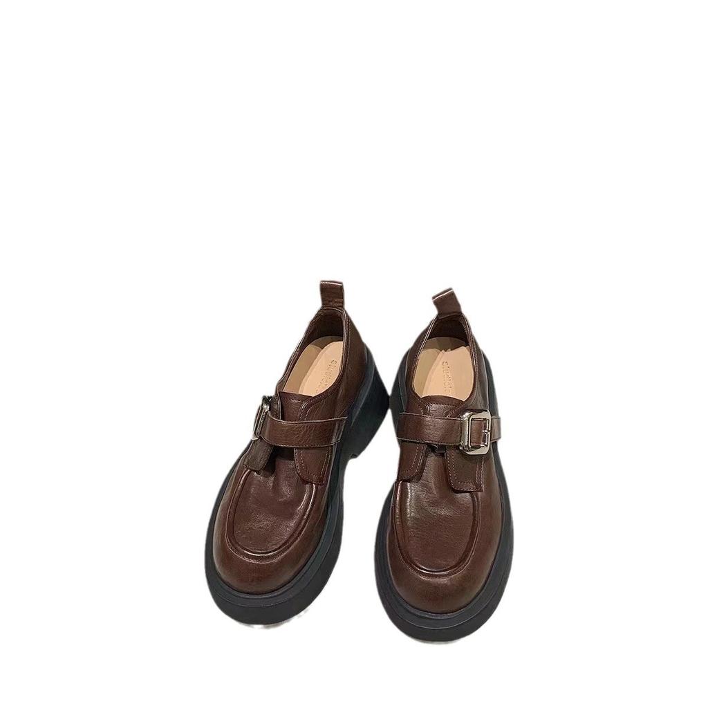 Cowhide Version Grape Mother Washed Horse Leather Round Head Buckle with British One-pedal Small Leather Shoes Women's Platform Heightening Loafers
