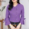 Women Casual V-Neck Solid Color Summer 3/4 Sleeve Blouse