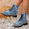 Fashion Thick Bottom Denim Ankle Boots Women 2025 Autumn Fashion Tie-Dye Side Zip Western Cowboy Boots Woman's Platform Shoes Plus Size