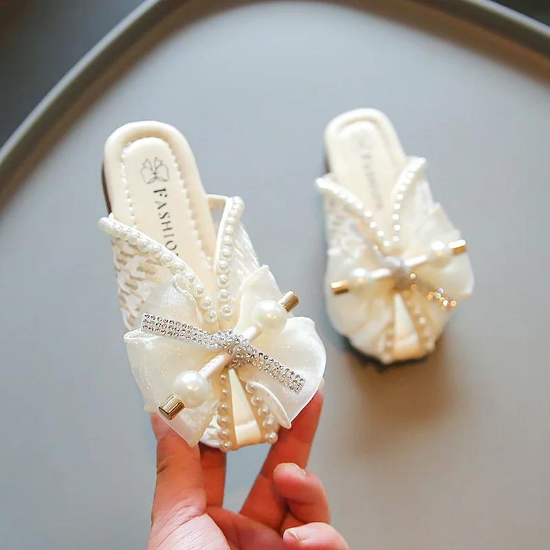 Girl's Lace Mesh Peep Top 2024 Summer New Fashion Children‘s Soft Sole Simple Pearl Bow Covered Toes Princess Shoes for Vacation