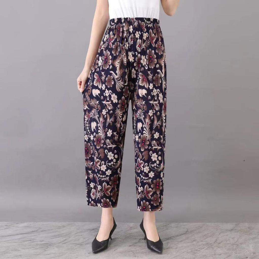 Casual Summer Women's Plus Size Ice Silk Stretch Pants - Loose, High Elastic Waist for Middle-Aged and Elderly