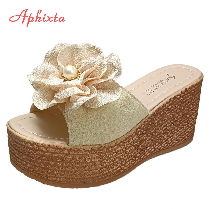 Fashion Aphixta 9cm Heels Slides Pearl Crystals Appliques Shoes Woman Slippers Flip Flops Wedge Heel Platform Woman Beach Zapatos Mujer