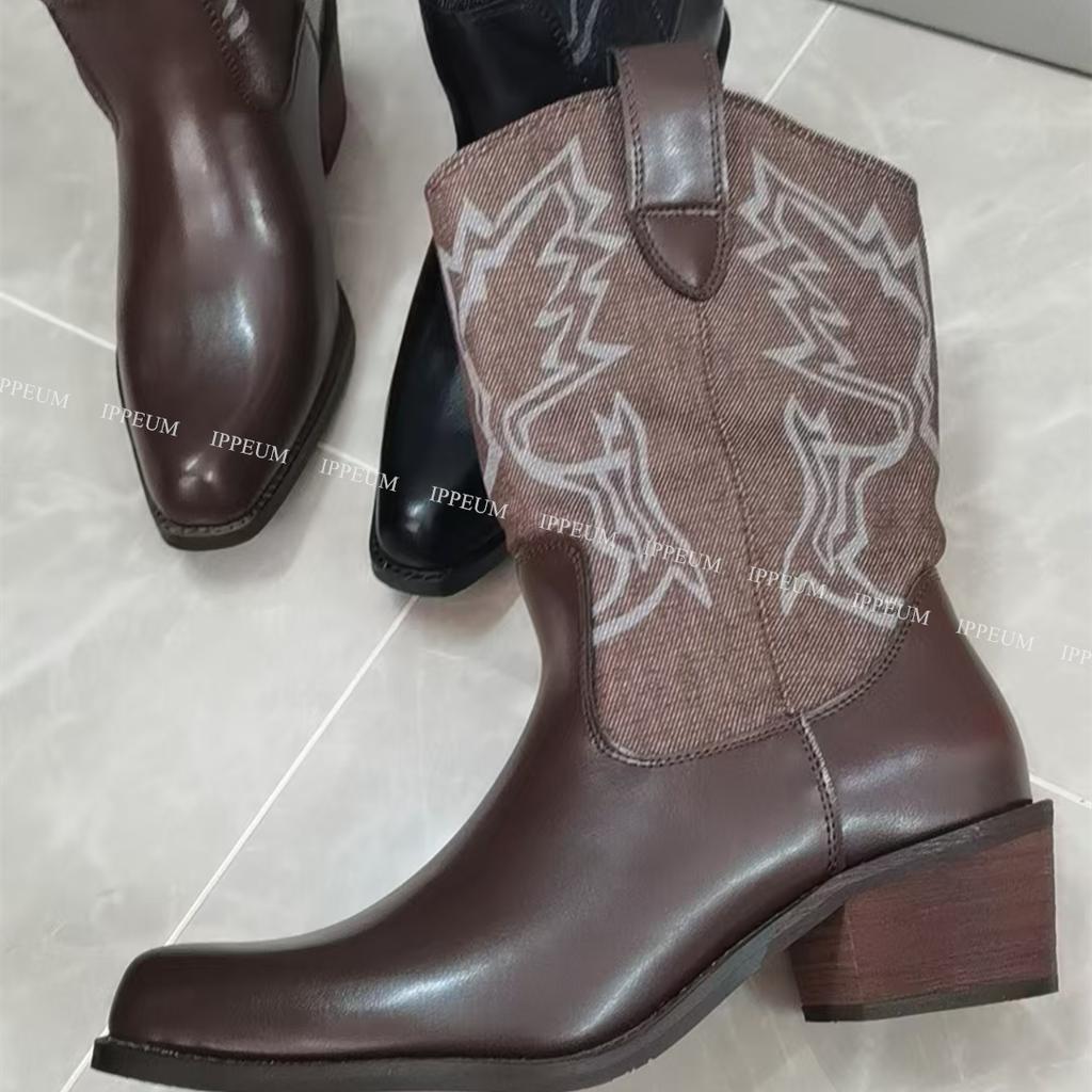 IPPEUM Cowboy Boots For Women 2025 New Winter Ankle Black Heel Shoes Western Cowgirl Boot