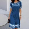 Fashion Womens Loose Retro Pattern Print O Neck Short Sleeve Loose Streetwear A-line Dress