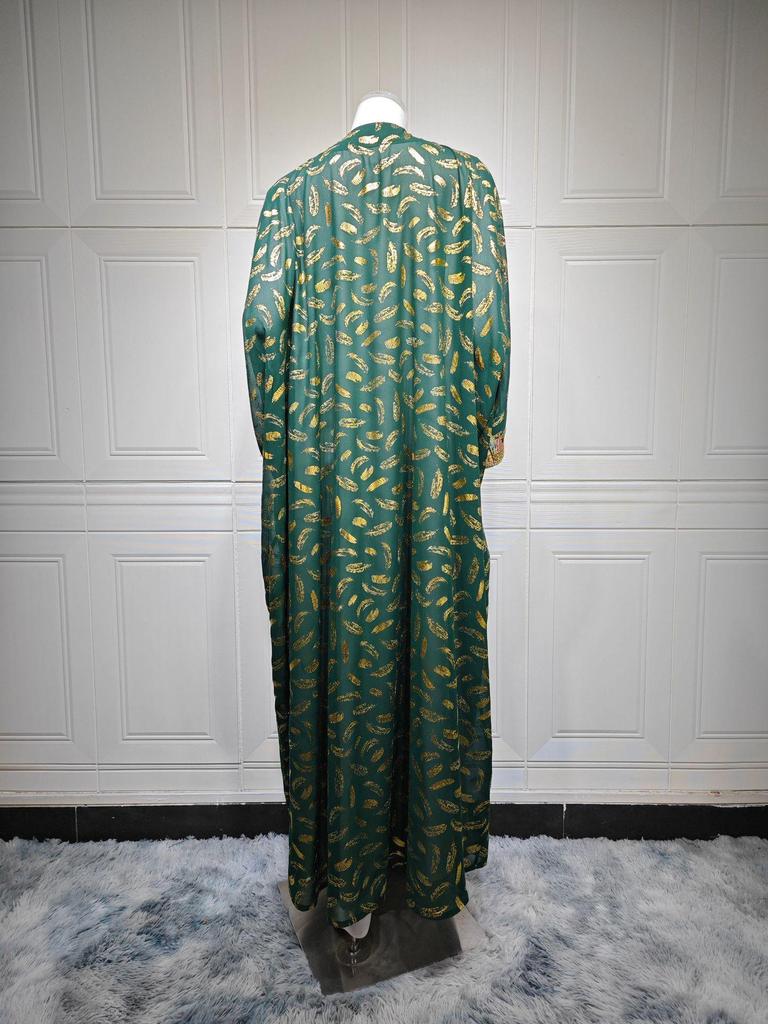 AB454 Women's Plus Size Dubai Chiffon Abaya Set - Three-Piece Middle Eastern Cardigan Long Dress with Hot Stamping