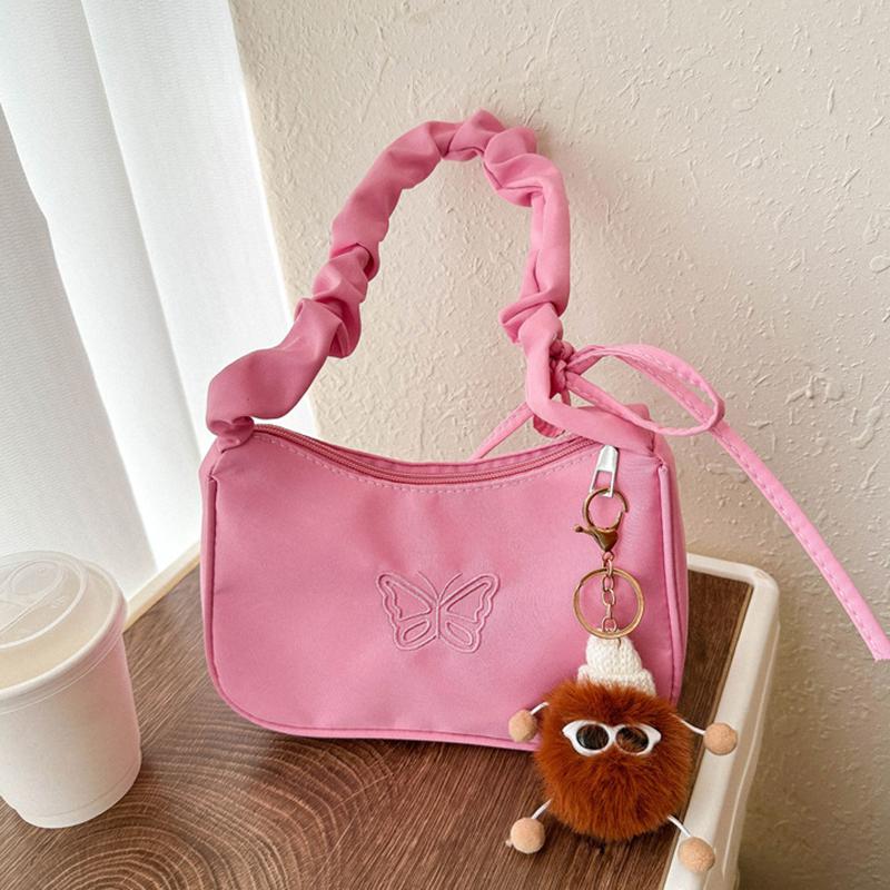 Cute Embroidered Bowknot Butterfly Shoulder Bag Women Pleated Handbag Half-moon Underarm Bag Fashion Oxford Nylon Bow Tote Bag